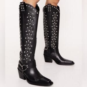 Nasty Gal Black Studded Heeled genuine leather western knee high cowboy Boots